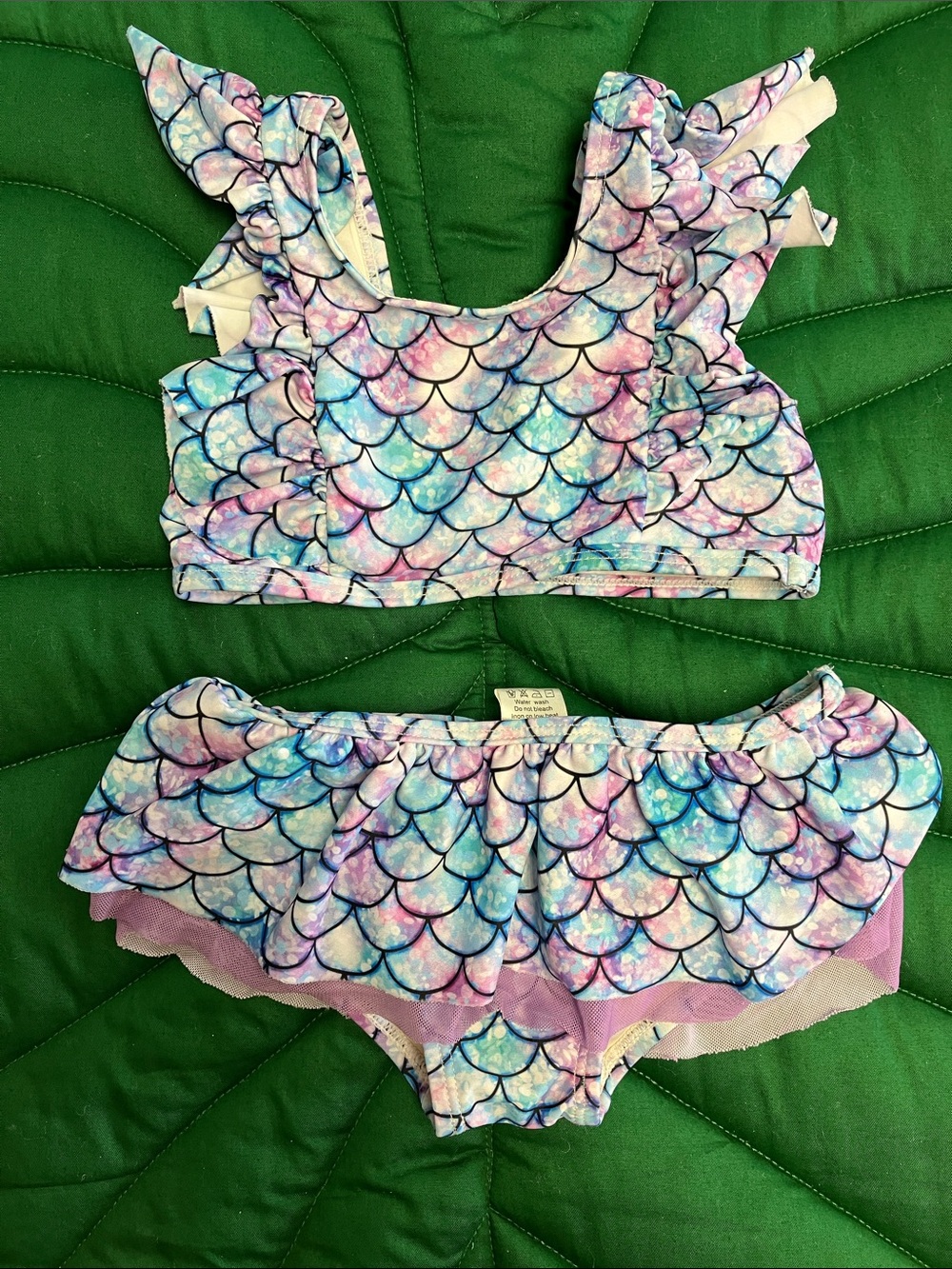 Little girls ruffle sleeve mermaid print blue and purple two piece bikini. Small